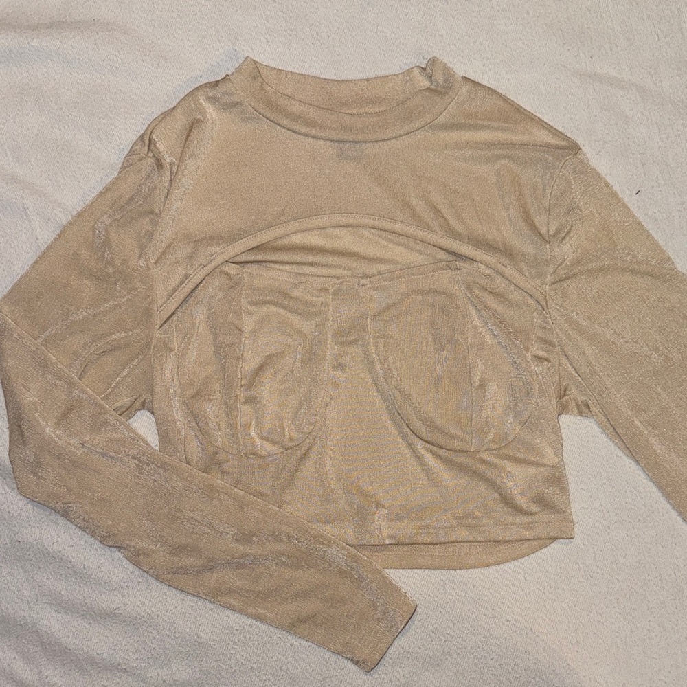 Tan Long Sleeve Sheer Crop Top